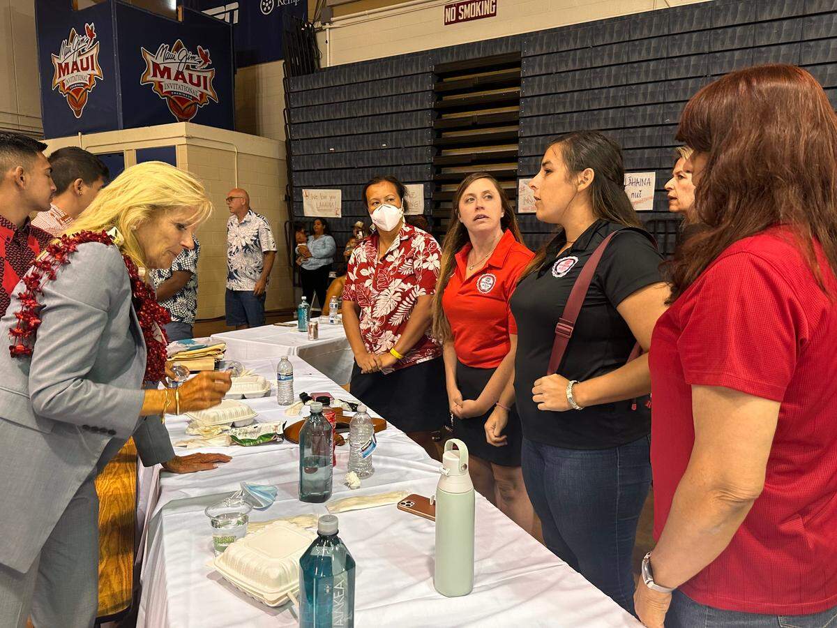 Columbus High School and Columbus State University graduate Jackie Ellis, wearing a black shirt, is among the teachers who met Jill Biden while the first lady and President Joe Biden visited Maui on Aug. 21 after the deadly wildfire.