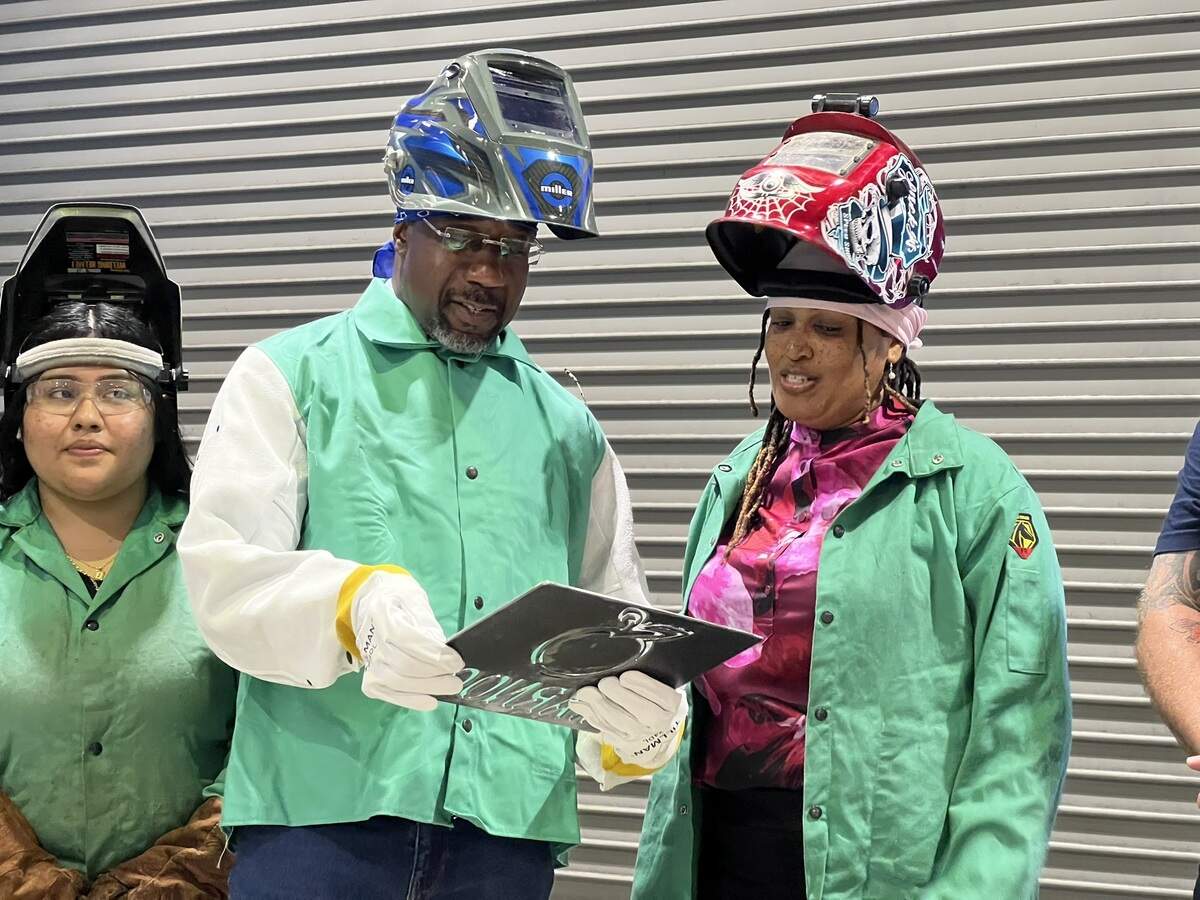 Sen. Raphael Warnock (D-Ga.) visits Columbus Technical College’s welding and robotics programs July 6, 2026, before meeting with students, educators and industry partners to discuss workforce development and the proposed Pathway to Prosperity Act. Warnock received a gift from the welding department during his visit.