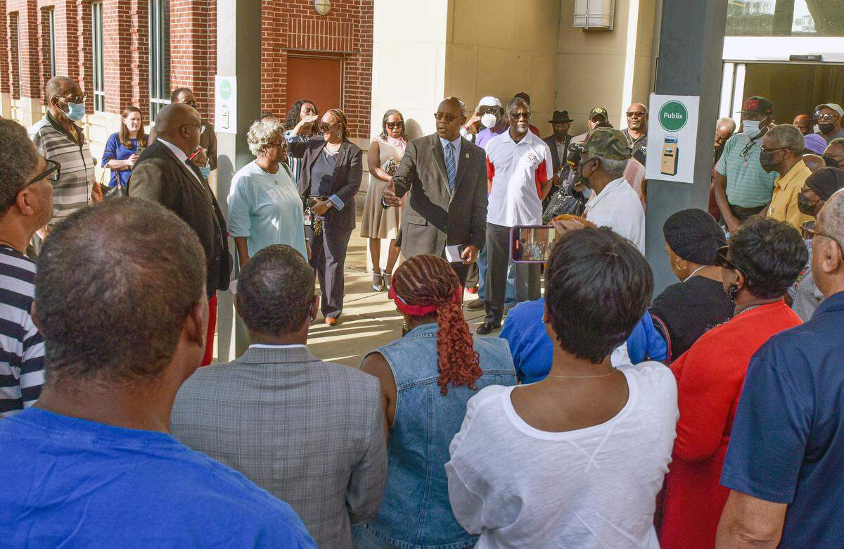 Columbus Police Chief Freddie Blackmon speaks with supporters outside the City Services Center Building before the City Council Meeting on Feb 28, 2023.