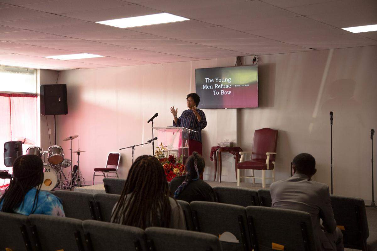 Vinyetta Copeland leads youth Sunday school at Kingdom Life Ministries International in Columbus, Ga. on August 8, 2021. After receiving support from St. Anne Community Outreach, Copeland continues through her ministry to uplift others.