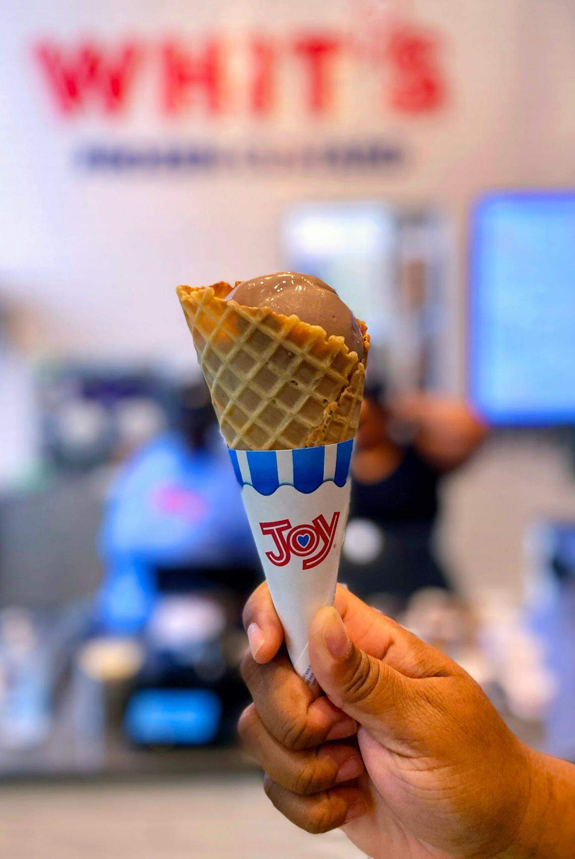 John Pezold has opened a Whit’s Frozen Custard franchise location inside Highside Market in Columbus, Georgia. This is a single scoop of the chocolate frozen custard in a waffle cone. 10/11/2023