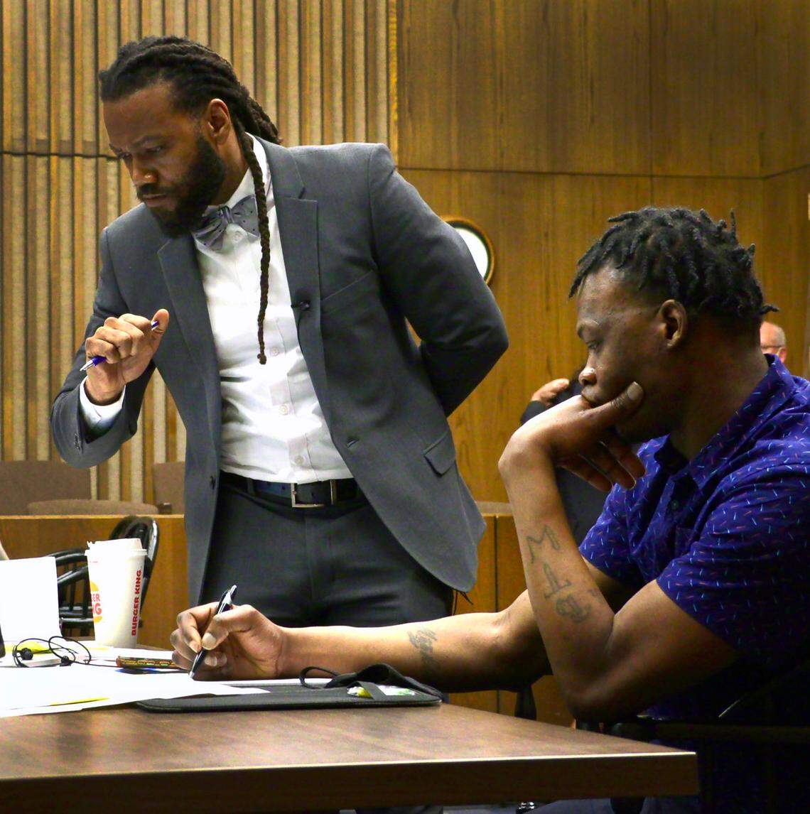 William Kendrick, standing left, is representing Demetrius Johnson during Johnson’s trial in Columbus, Georgia. Johnson, 30, is charged with murder, aggravated assault and using a gun to commit a crime in the fatal shooting of Jermaine Williams in June 18, 2018. Johnson faces life in prison if convicted. 12/09/2021