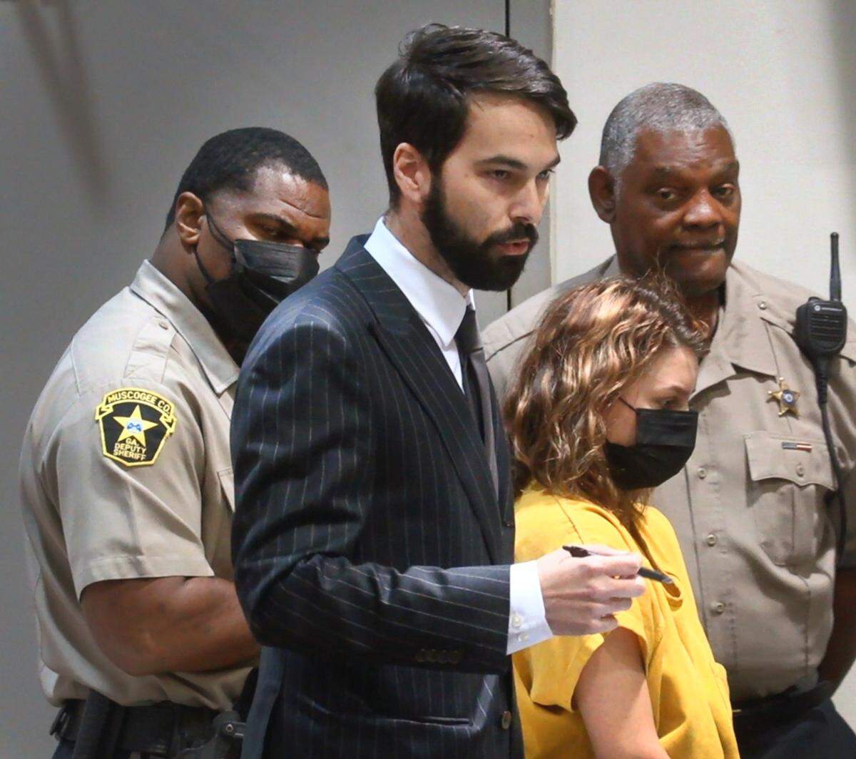 Attorney William Biddy, center, represents Taylor Taylorson during her hearing Friday morning in Columbus Recorder’s Court in Columbus, Georgia. 05/27/2022