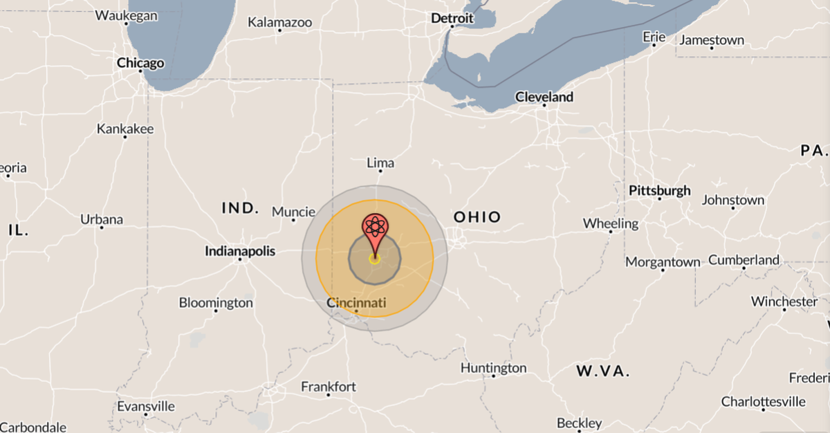 Simulated fallout from a 100,000 kiloton bombs