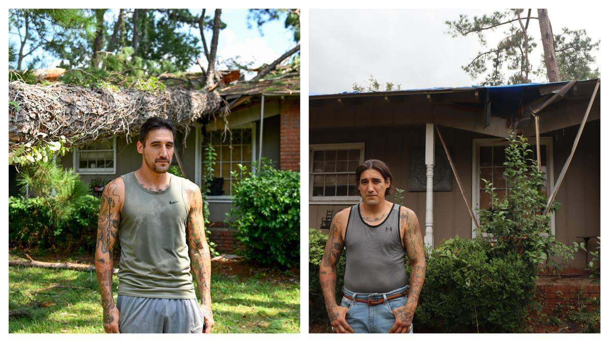 This side-by-side image shows Daniel Shahan in front of his and his wife’s Valdosta home in August 2023 and October 2024. In the image on the left, Hurricane Idalia had knocked a tree onto his home. In the image on the right, the Shahans had not been able to repair the roof before Hurricane Helene swept through and caused more damage.