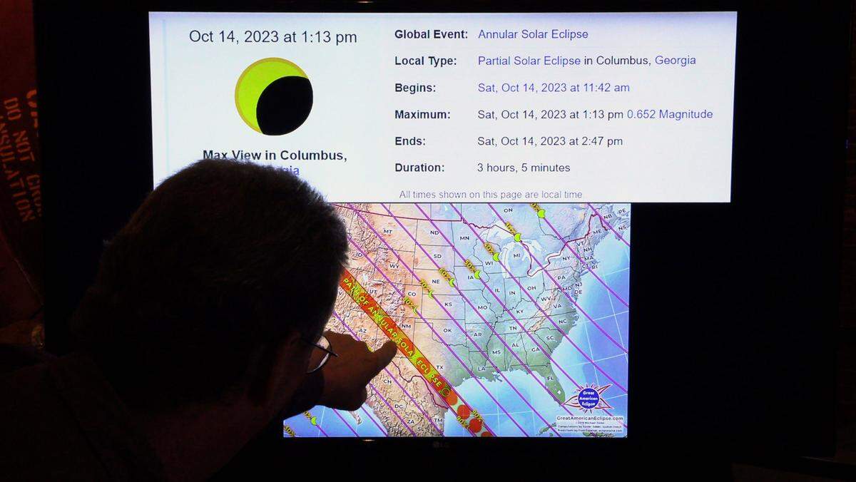 Shawn Cruzen, executive director of the Coca-Cola Space Science Center in Columbus, Georgia, discusses the path of the annual solar eclipse that will be visible on Oct. 14, 2023.