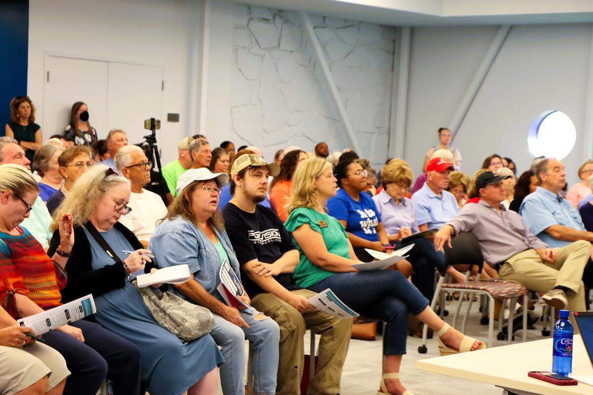 Hundreds listen to Science For Georgia, Chattahoochee Rivekeeper and Sierra Club representatives speak on the environmental concerns about data center development in Georgia at the LaGrange Public Library on Sept. 4, 2025.