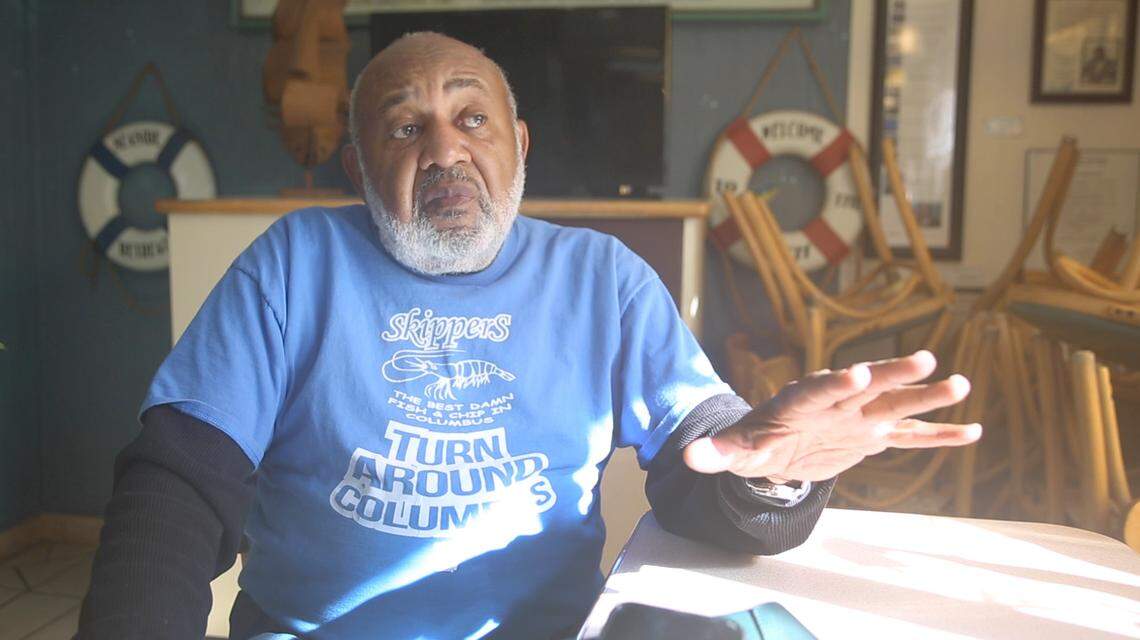 Ronzell Buckner describes an issue with illegal dumping that plagues the surrounding neighborhood, at his restaurant, Skipper’s Seafood in Columbus, on Jan. 7, 2022. Columbus Council is considering a proposal that would add hundreds of cameras around the city to catch those committing crimes like illegal dumping.