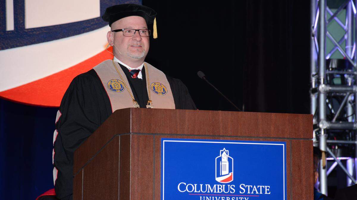 JIM CAWTHORNE/Camera 1 
 Columbus State University president Chris Markwood delivers the keynote address during Thursday's freshman convocation in the University Hall auditorium.