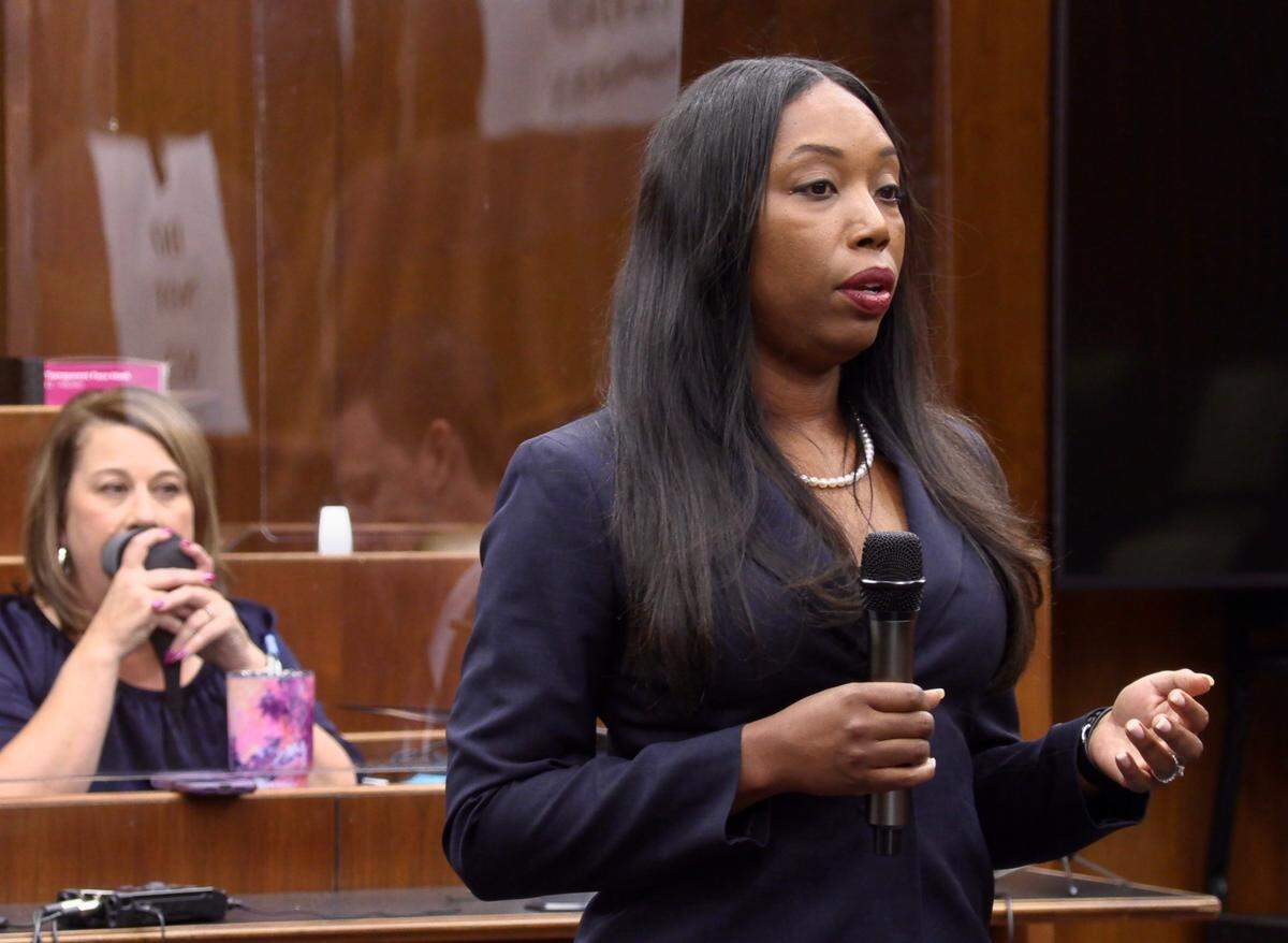 Katonga Wright, defense attorney for Mark Jones, gives her opening statements in the alleged misconduct trial against the suspended district attorney in a Government Center courtroom on Nov. 9, 2021.