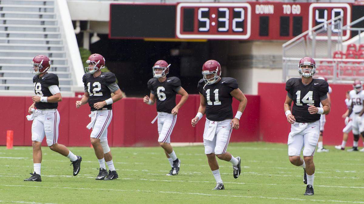 Alabama quarterbacks Cooper Bateman (18), David Cornwell (12), Blake Barnett (6), Alec Morris (11) and Jake Coker (14) jog between drills during NCAA college football practice, Saturday, Aug. 15, 2015, in Tuscaloosa, Ala. (Vasha Hunt/AL.com via AP)