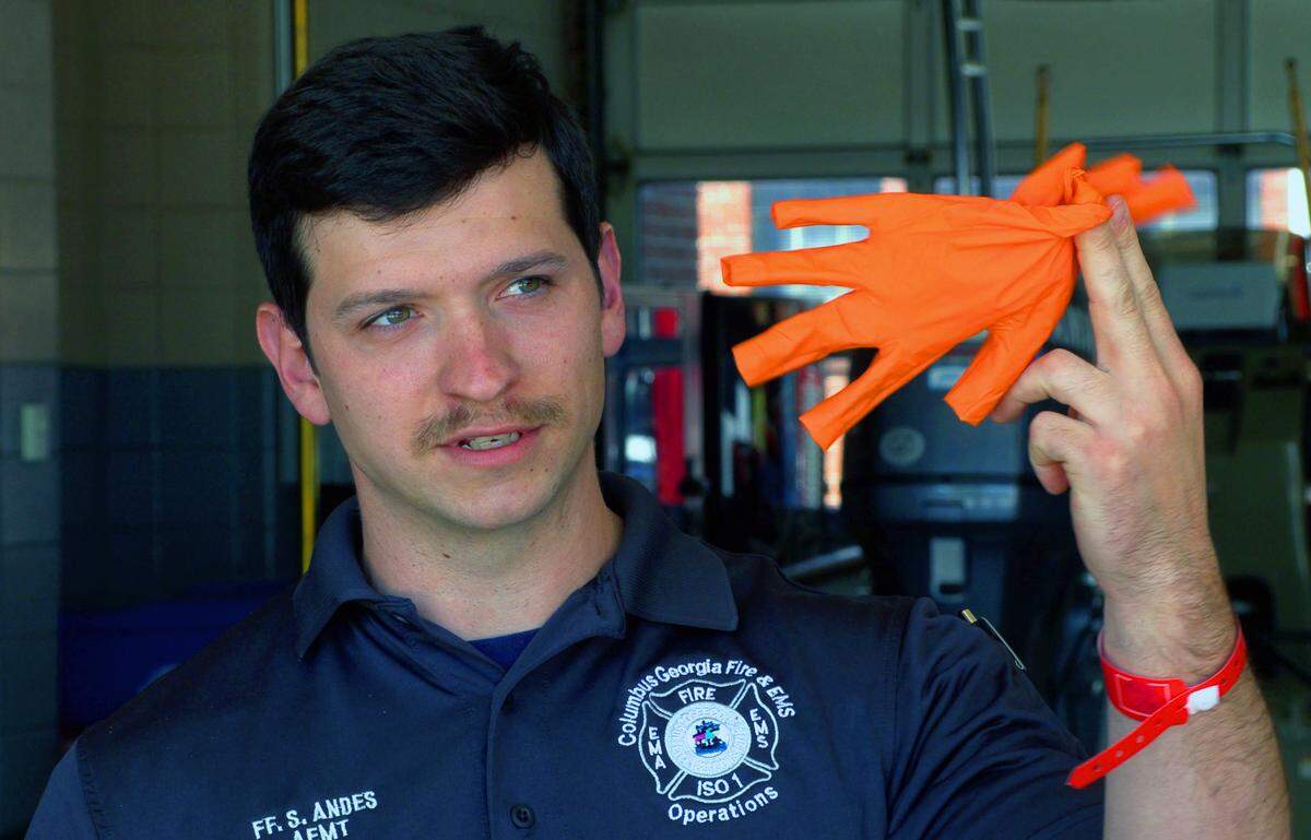 Firefighter Shawn Andes, an advanced emergency medical technician with Columbus Fire and Emergency Medical Services, talks about personal protective equipment (PPE) first responders use.
