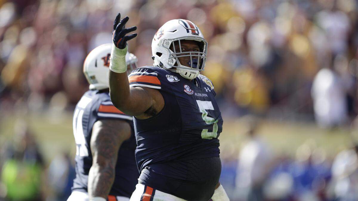 Auburn defensive tackle Derrick Brown during the first half of the Outback Bowl NCAA college football game against Minnesota Wednesday, Jan. 1, 2020, in Tampa, Fla. (AP Photo/Chris O’Meara)