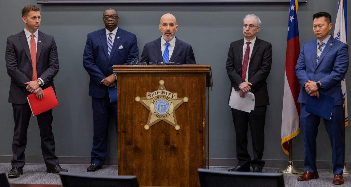 Rich Bilson, supervisory senior resident with the FBI Atlanta’s Columbus office, center, speaks during an April 20, 2026, news conference at the Muscogee County Sheriff’s Office in Columbus about the results of Operation Sweet Silence.