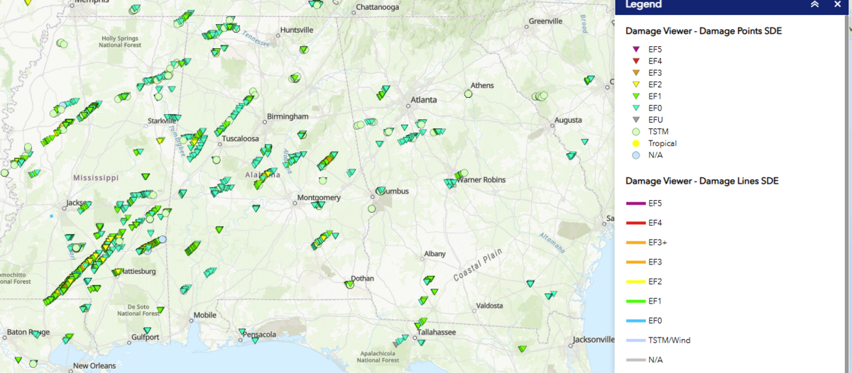 Reported tornadoes between January 1 to April 10 throughout Mississippi, Alabama and Georgia total over 160.