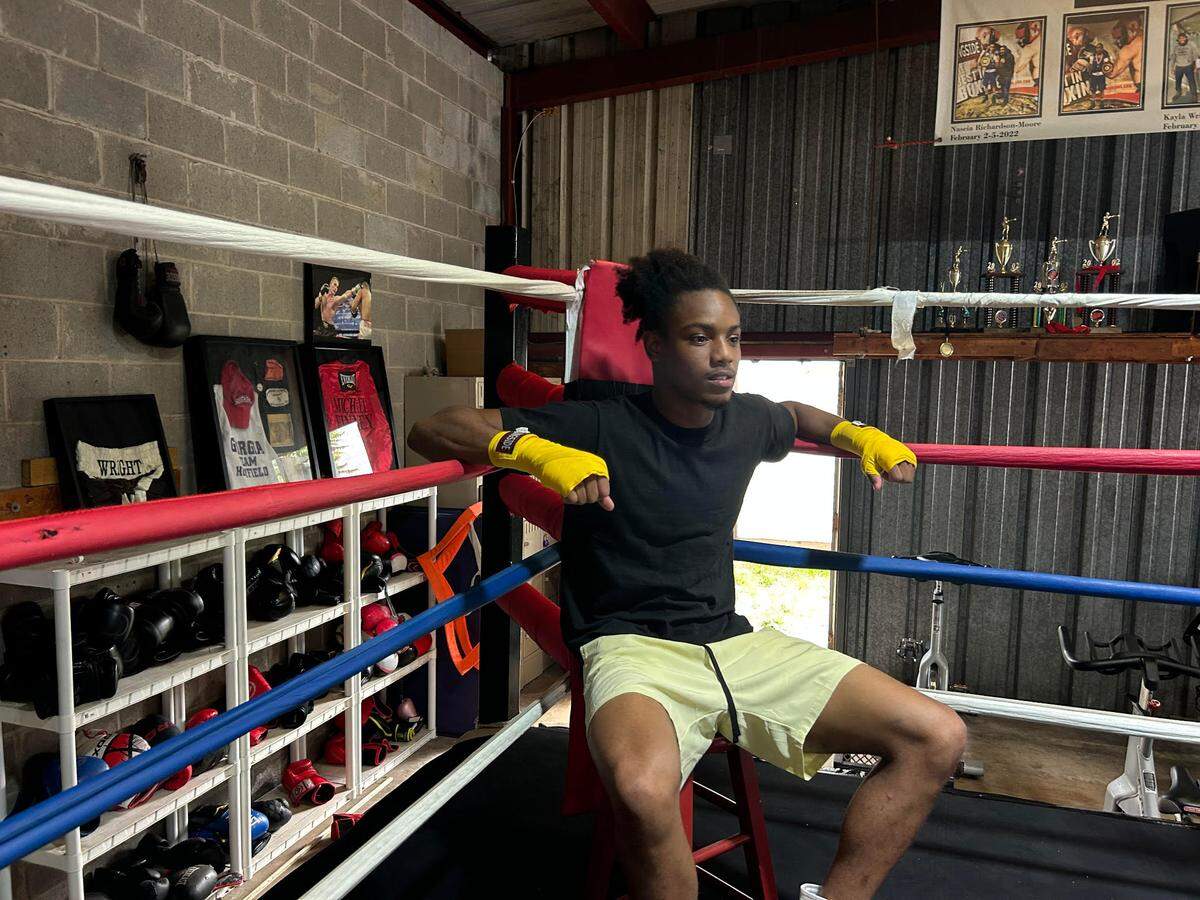 Naseia Richardson-Moore takes a break while working out June 11, 2025, at Wright Way Fitness & Boxing in Columbus. He won the National Golden Gloves Championship in the Elite Male 154-pound weight class May 17, when he represented Columbus and the Southeast region in Tulsa, Oklahoma.