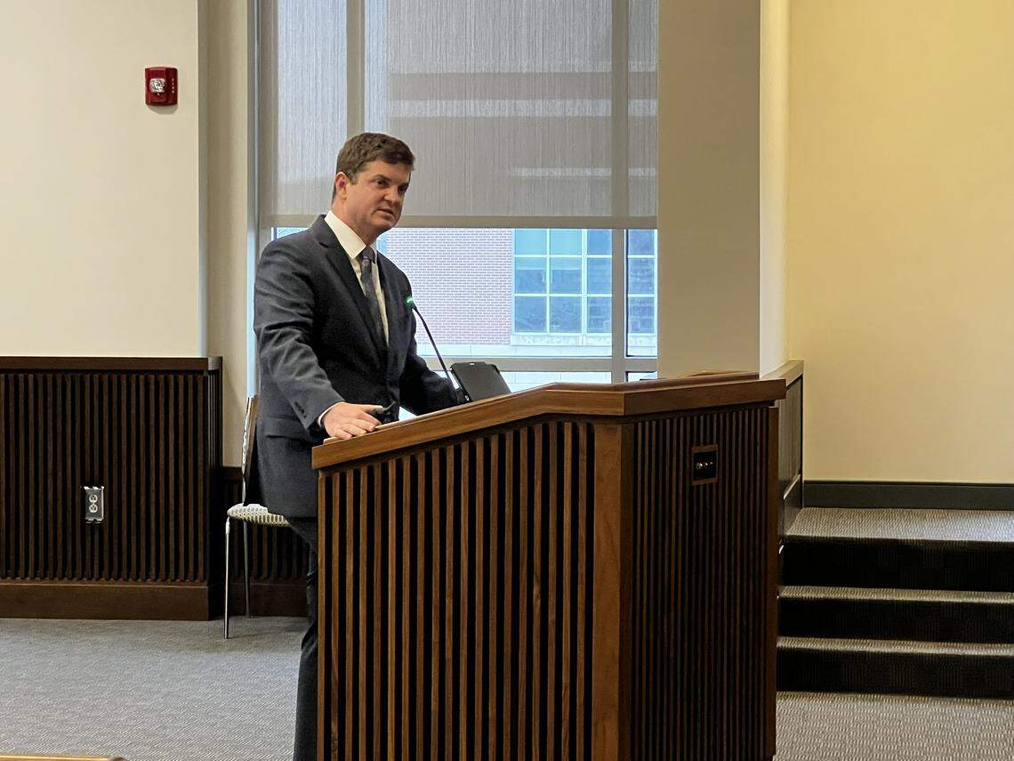 Attorney Steven Jones of McKagen Jones law firm speaks during a Jan. 7, 2026, Columbus Planning Advisory Commission meeting, representing Jeff Lindsey Communities in their request to rezone 4937 Macon Road.