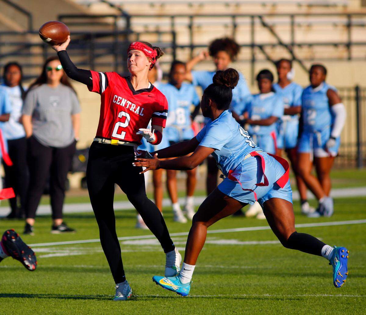 Central’s Gerritt Griggs throws a pass while being chased. by defenders from Brewbaker Tech on Monday afternoon at Garrett-Harrison Stadium in Phenix City, Alabama. 10/14/2024