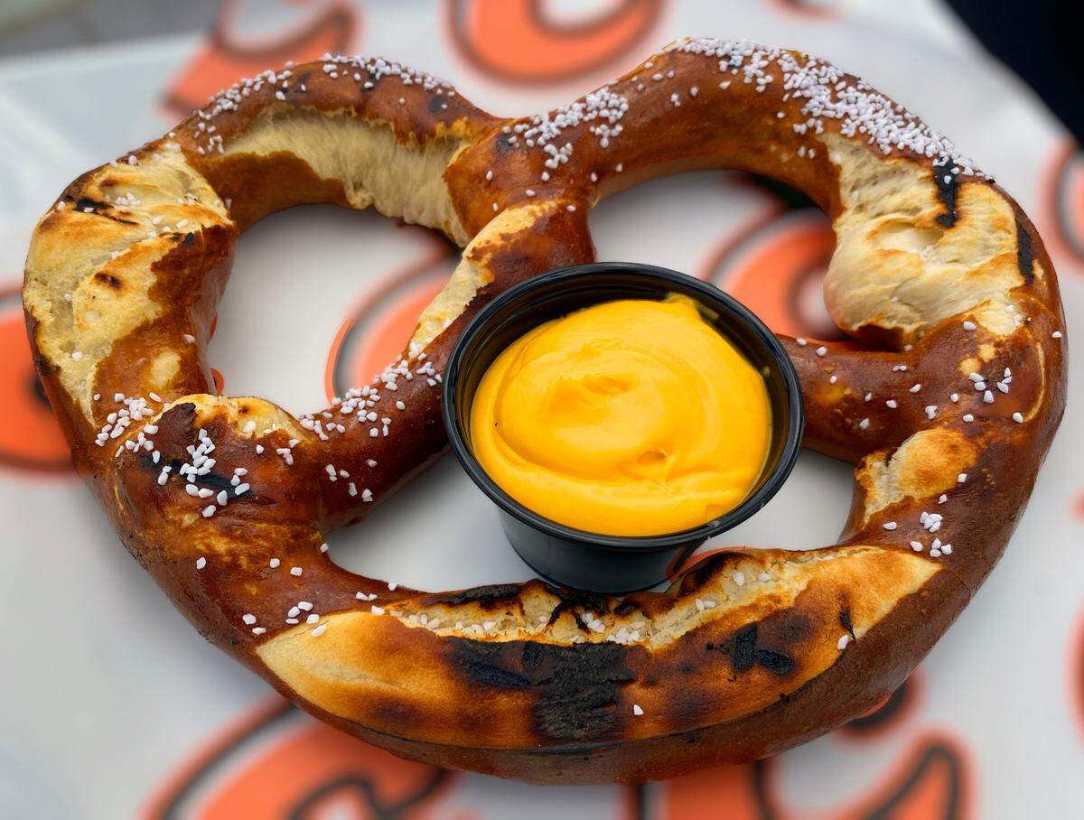 The Georgia Knot at Synovus Park is a giant pretzel, served with smoked cheese dip. 04/11/2025