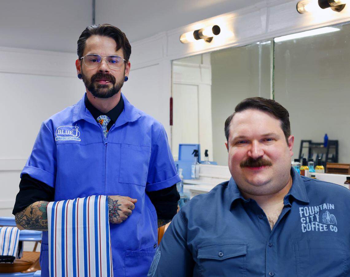 After 16 years, a historic Columbus barbershop has reopened. Jud Richardson, right, owner of Fountain City Coffee, and Joshua McKeehan, master barber, have teamed up to reopen the Blue J Barbershop, 2220 Wynnton Road, pictured Nov. 7, 2025.