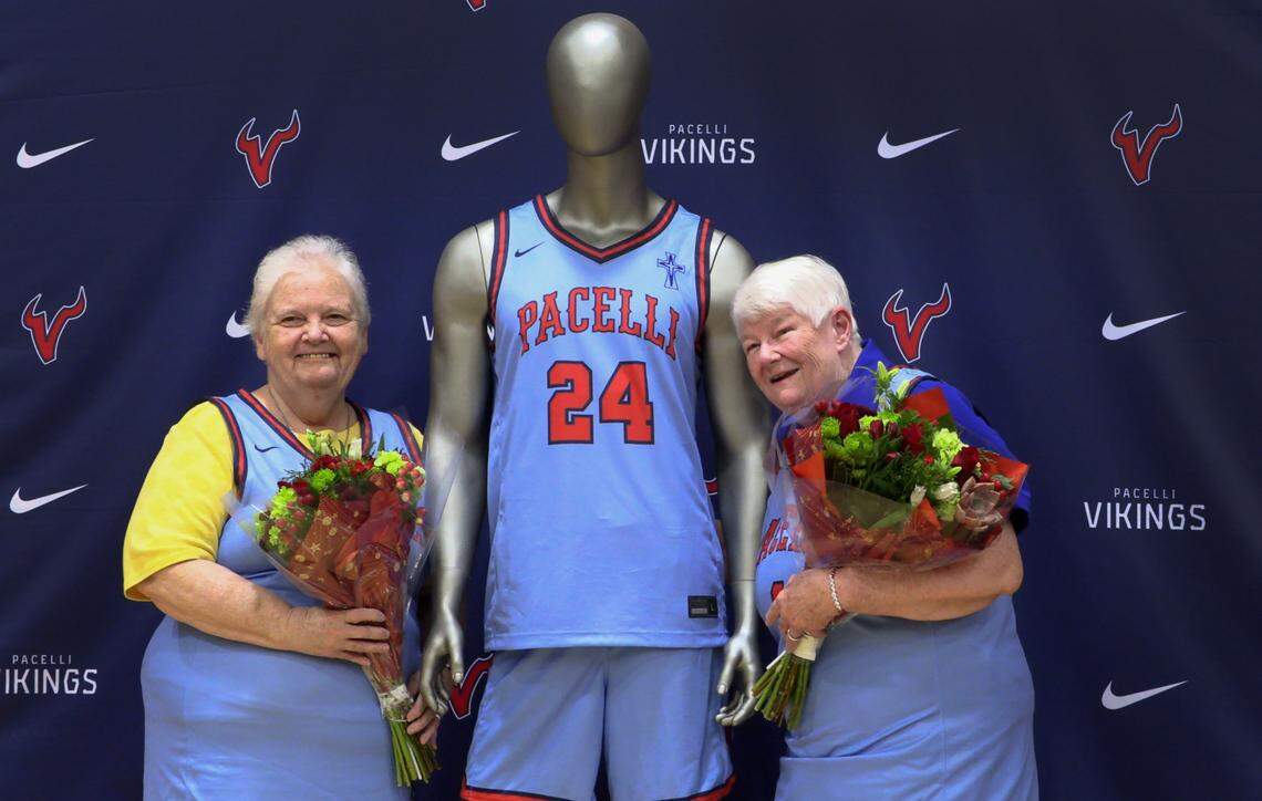 Sister Margaret Downing, left, and Sister Pat Thompson, both of the Sisters of Mercy were recognized at St. Anne-Pacelli Catholic School on Dec. 9, 2024, with a ceremony honoring them. Both are retiring, and the school unveiled a special basketball jersey in their honor. 12/09/2024