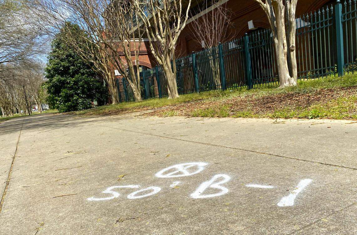 Survey marks have been spray-painted around Columbus’ Golden Park baseball stadium in anticipation of a $50 million renovation project.