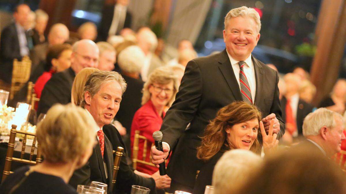During the Feb. 21, 2019, celebration in the Del’avant Event Center, LaGrange College President Dan McAlexander plays a guessing game with Edward and Laura Smith to determine the total raised for the “From Promise to Prominence” comprehensive fundraising campaign.