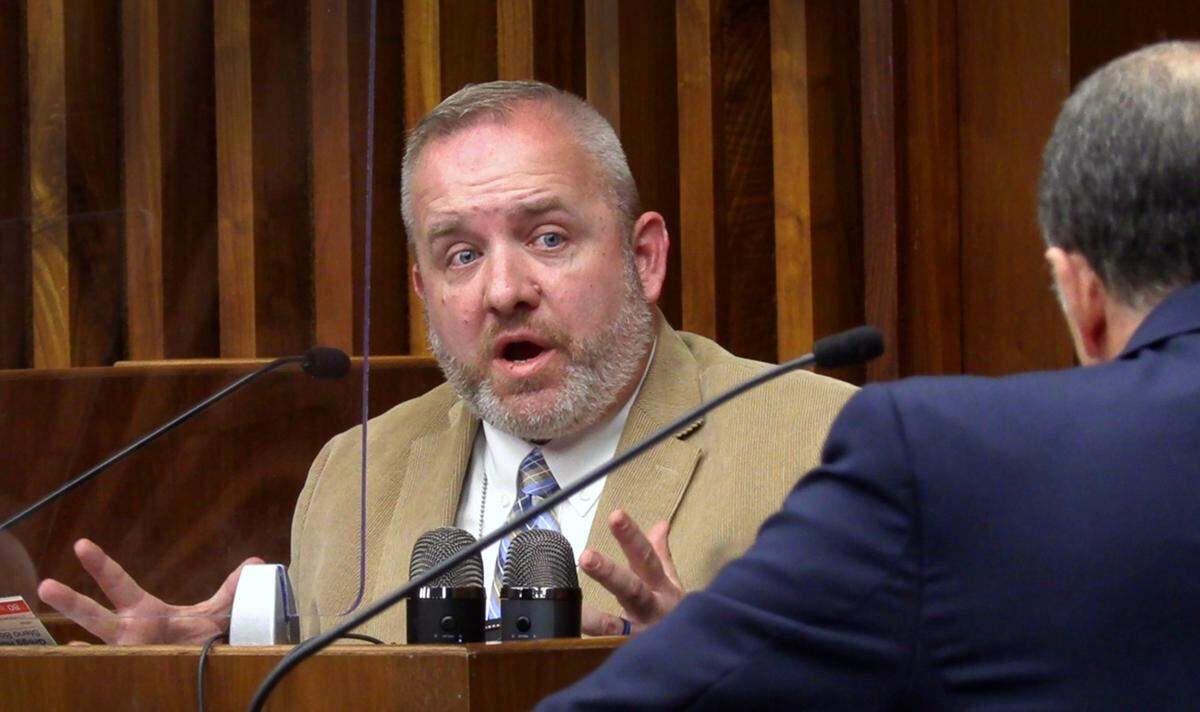 Assistant District Attorney Peter Hoffman questions Columbus Police Detective Robert Nicholas, facing camera, Wednesday morning during the trial of four men accused in the fatal shooting death of Branden Denson on April 6, 2018. 03/30/2022