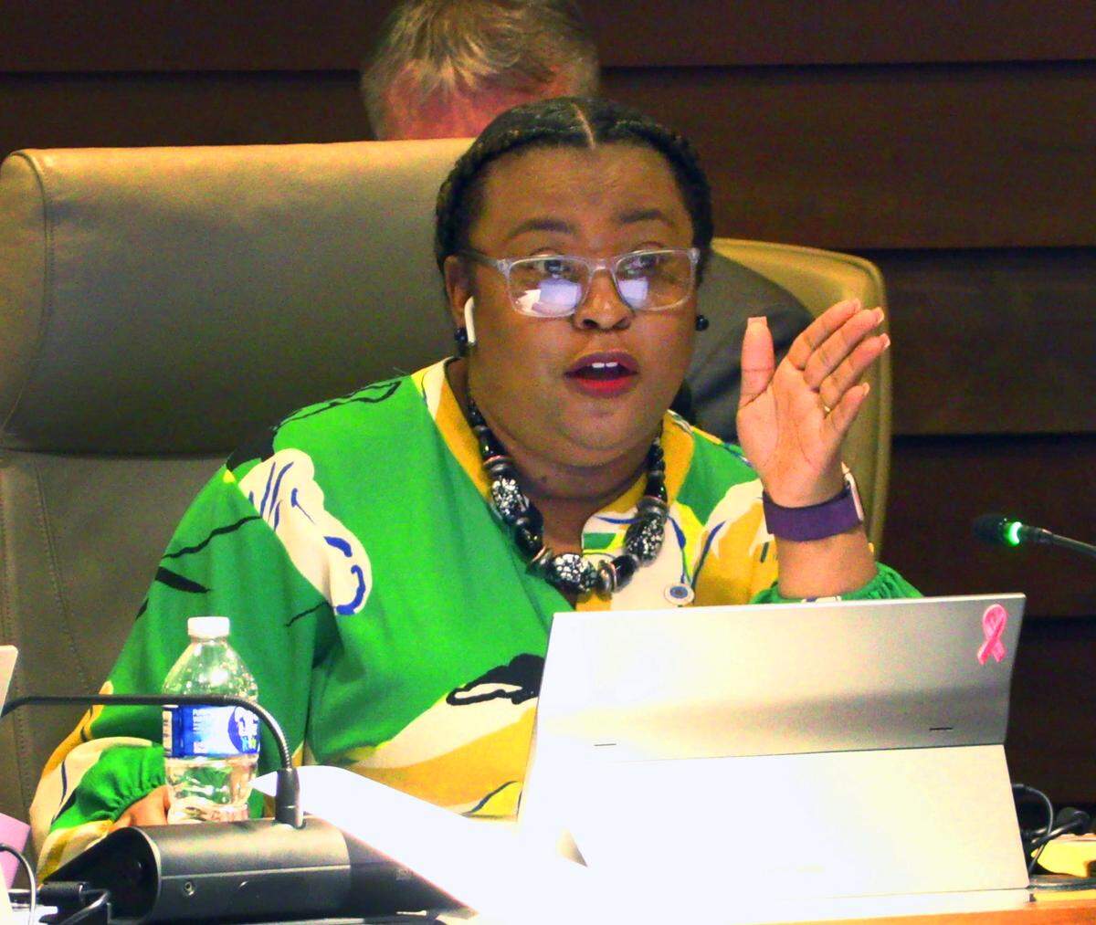 Columbus Councilor Toyia Tucker speaks about the proposed Columbus Sports & Entertainment Facilities Authority during the Feb. 25, 2025, council meeting.