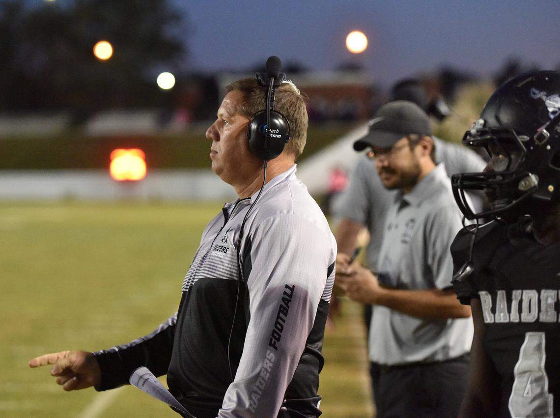 Shaw head coach Al Pellegrino watches his Raiders play Friday night against the Columbus Blue Devils at A.J. McClung Memorial Stadium on October 12, 2018.