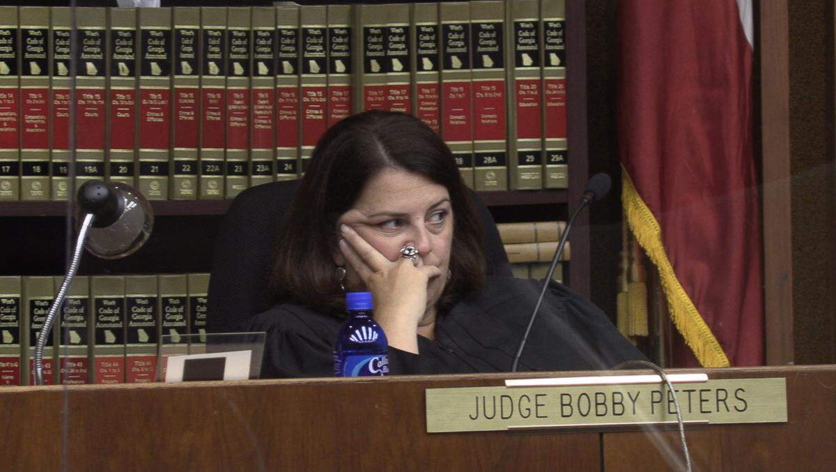 Visiting Judge Katherine Lumsden listens to testimony during the misconduct trial for suspended Columbus District Attorney Mark Jones, Nov. 10, 2021.