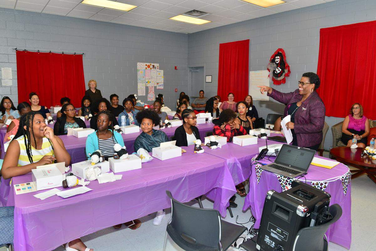 Former Aflac U.S. President Teresa White speaks to participants of the leadership program Bold Moves that White created during her time at Aflac. White retired in 2023.