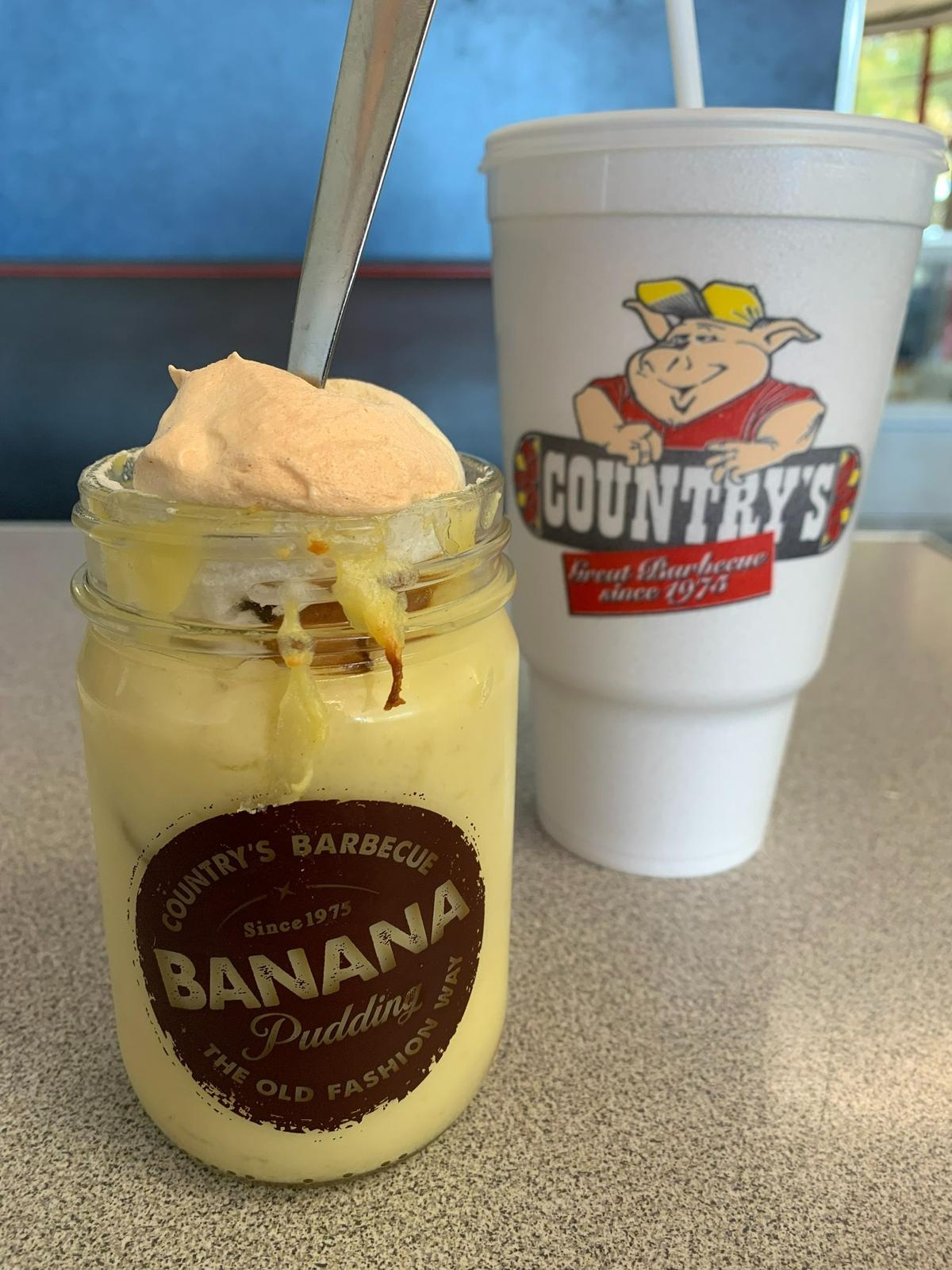 A mason jar full of Banana Pudding from Country’s BBQ on Broadway in Columbus, GA.