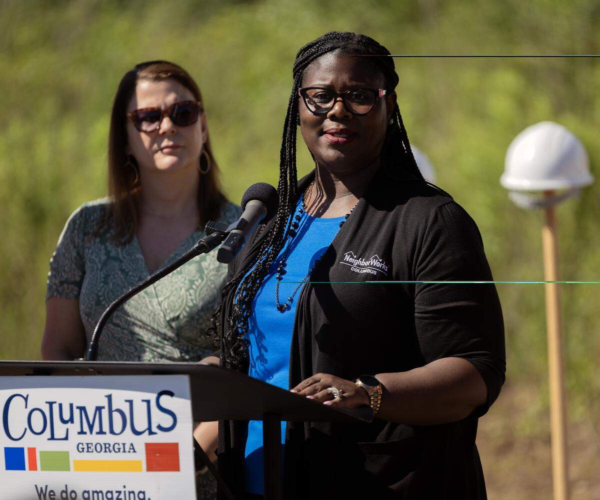 Kimberly Hinton-Poole, CEO of NeighborWorks Columbus, speaks during the groundbreaking ceremony June 4, 2026, for Providence Pointe, a new 102-unit affordable housing development for seniors ages 55 and older. The ceremony was on Brownie Lane in the Elliott’s Walk community. Elliott’s Walk is off Victory Drive in Columbus.