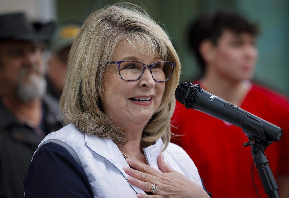 Margie Yates, dean of the Columbus State University College of Education & Health Professions, speaks during the March 3, 2026, news conference announcing the Miracle Riders have hit their $1 million fundraising goal for CSU.