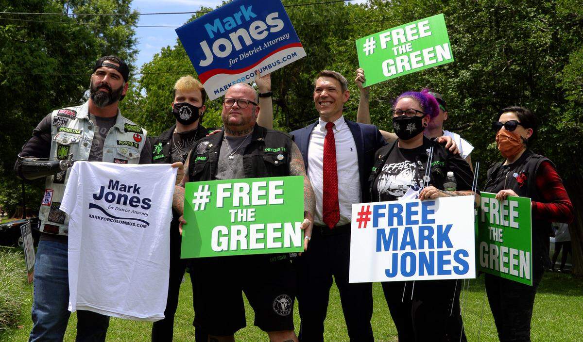 Mark P. Jones, center,candidate for District Attorney, hosted a rally at his law office at 832 1st Avenue in downtown Columbus, Georgia Friday afternoon, May 29, 2020.