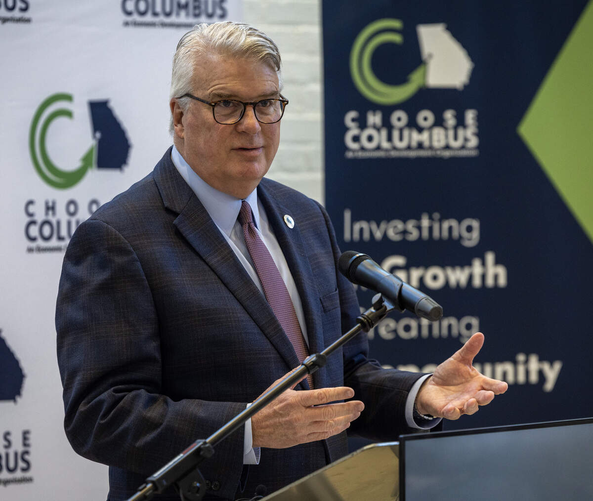 Columbus Mayor Skip Henderson speaks at a May 14, 2026, news conference in Columbus about plans for HK USA to expand its local footprint with a $13 million investment expected to create 35 jobs.
