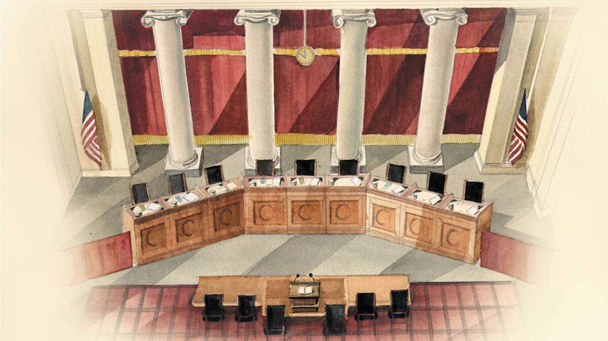 4 col x 6.5 in/ 220x165 mm/ 749x562 pixels 300 dpi Lee Hulteng watercolor illustration the courtroom of the U.S. Supreme Court. KRT 2000