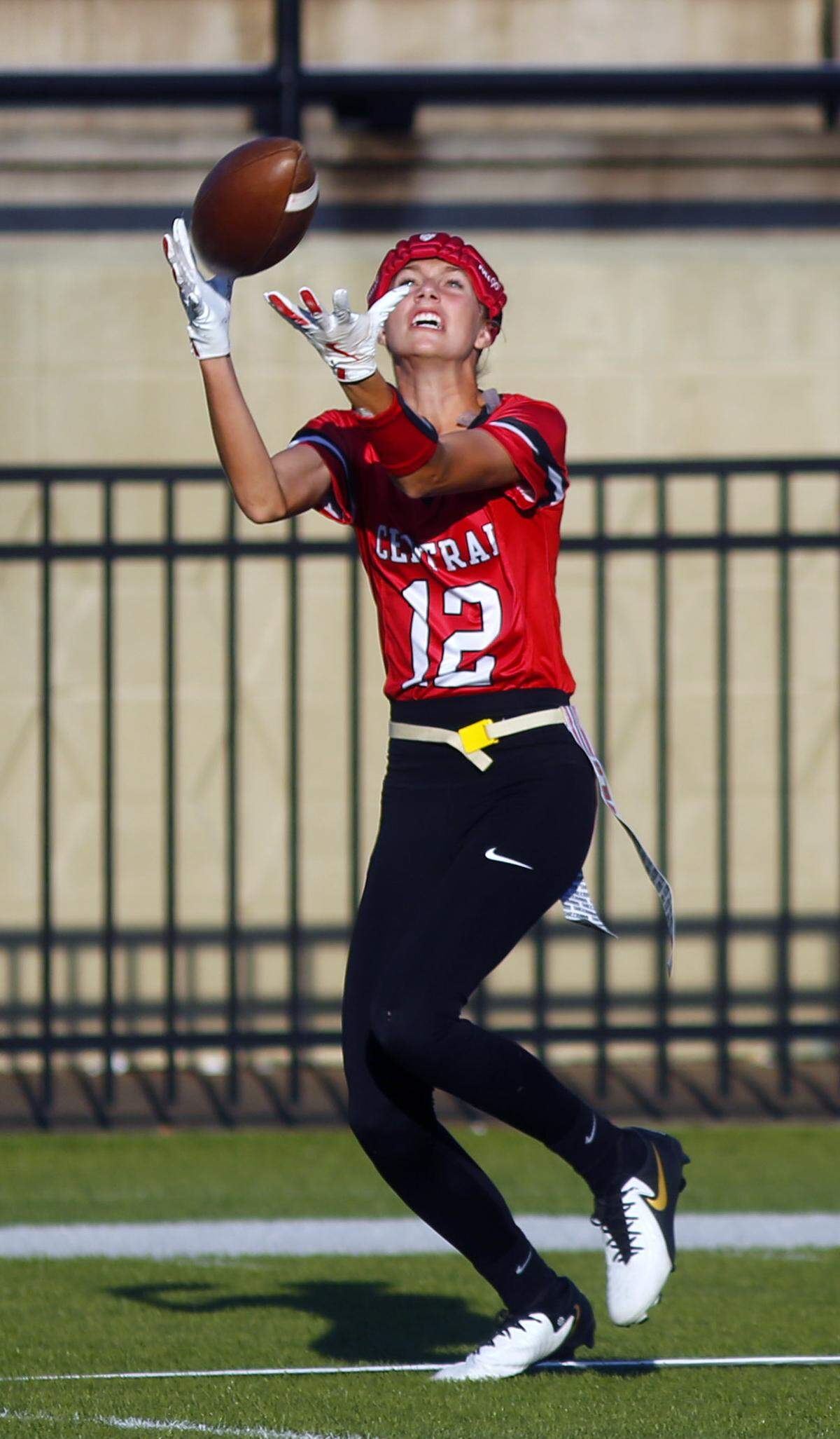 Central’s Savannah Sevier(12), catches a pass Monday afternoon. The varsity flag football team from Central High School in Phenix City, Alabama defeated Brewbaker Tech 48-0 Monday at Garrett-Harrison Stadium. 10/14/2024