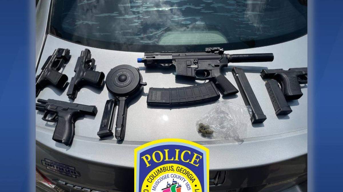 Guns and marijuana seized during a traffic stop on Stratford Drive on June 2 after responding to reports of shots fired on Green Forest Drive.