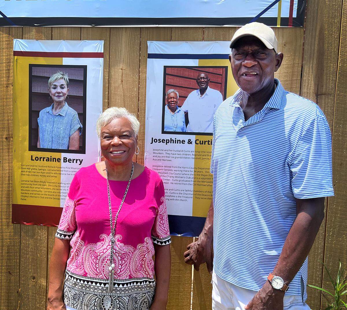 Josephine and Curtis Bray of Bethany Baptist Church stand in front of the Chipley Historical Center’s new garden exhibit honoringPine Mountain, Georgia heroes who combated food insecurity during the coronavirus pandemic.