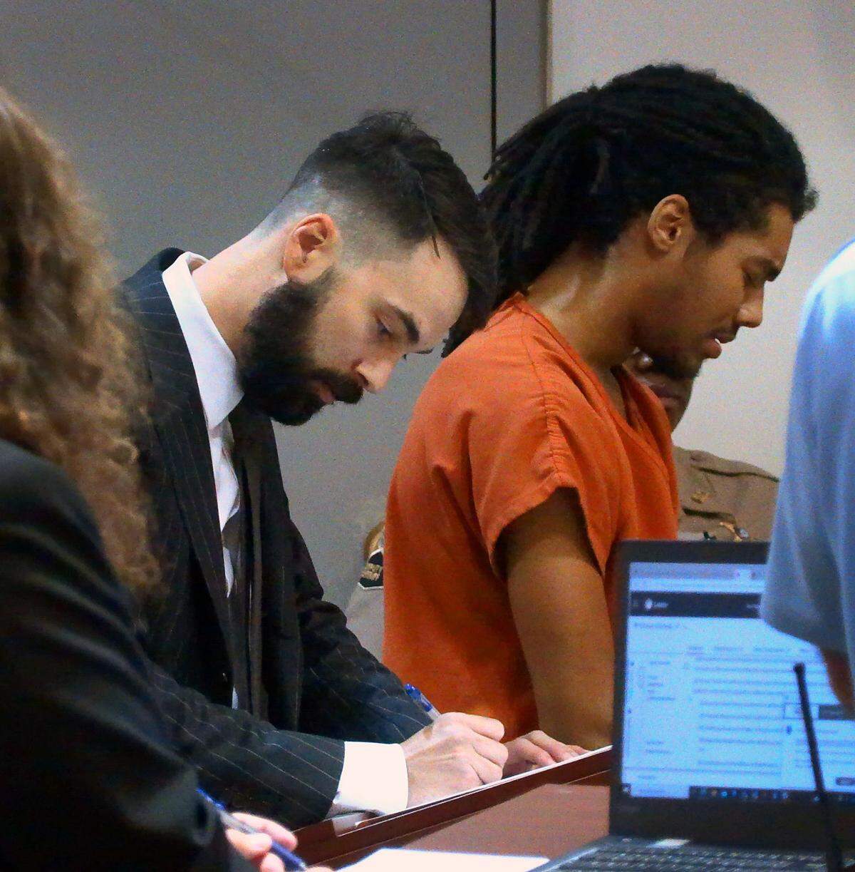 Attorney William Biddy represented Tyrone Vaughn, right, during a preliminary hearing Thursday afternoon in Columbus Recorder’s Court in Columbus, Georgia. 05/16/2023
