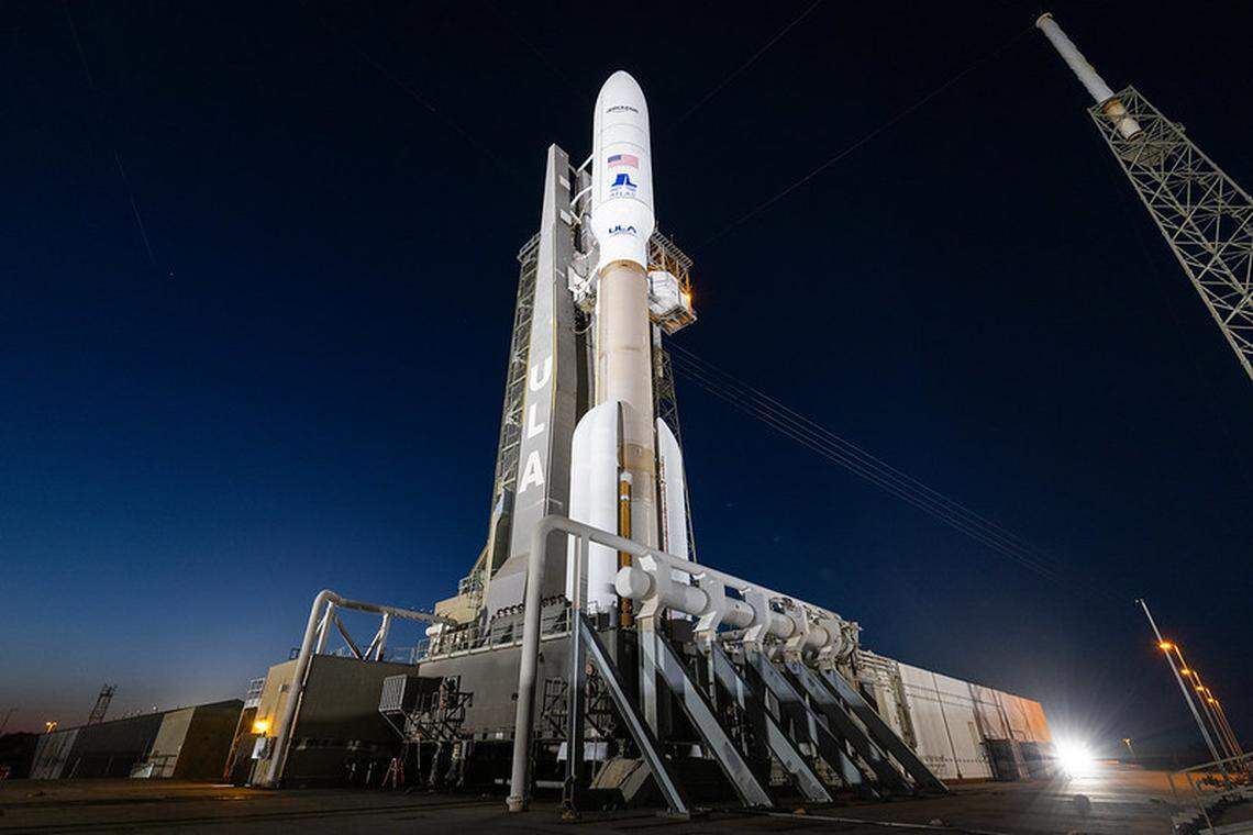 The United Launch Alliance (ULA) Atlas V rocket sits on Space Launch Complex 41 (SLC-41) at Cape Canaveral at sunset. The Atlas V will launch the Kuiper 1 mission for Amazon’s Project Kuiper broadband satellite constellation.