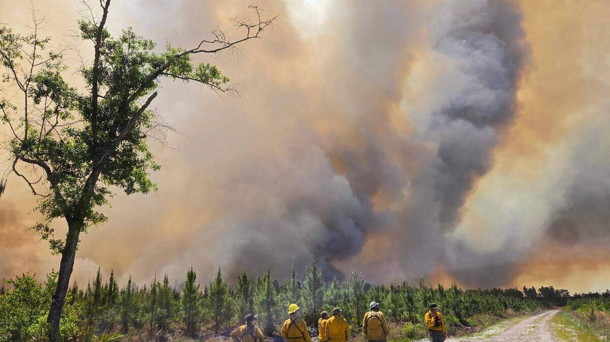 Wildfires burn in south Georgia on April 22, 2026. Gov. Brian Kemp declared a State of Emergency for 91 Georgia counties in response to the ongoing wildfires in south Georgia,
