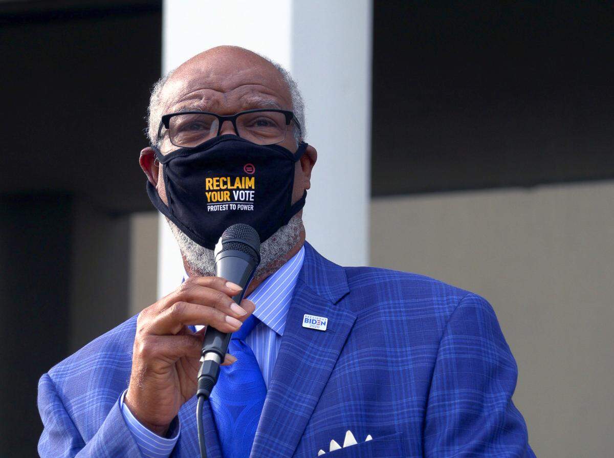 Georgia State Representative Calvin Smyre of Columbus speaks Friday morning outside the Government Center in Columbus, Georgia. The Urban League of Greater Columbus, Inc., joined with several groups to host the event as part of the nationwide, first-ever National Black Voter Day on Sept. 18. The Columbus event began with a rally outside the Columbus Government Center, and continued with a march to the Urban League’s office on First Avenue in the Historic District.