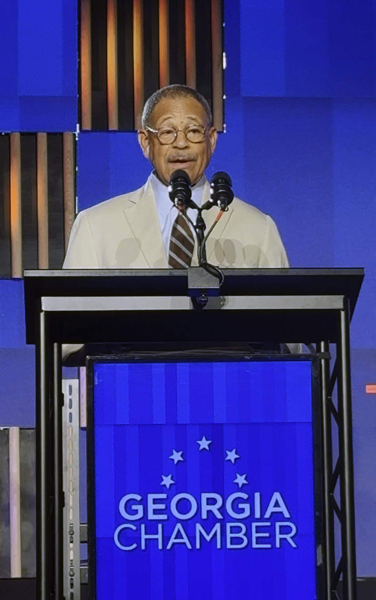 U.S. Rep. Sanford Bishop (GA-02) speaks to a crowd of 1,200 business and political leaders about the state of business in the Peach State at the Georgia Chamber of Commerce Congressional luncheon in the Columbus Convetion & Trade Center on Aug. 20, 2025.