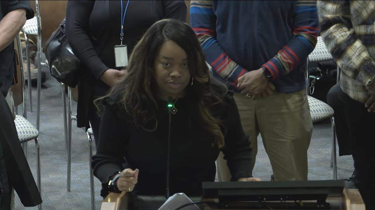 Kanise Wiggins, interim director of the Columbus Civic Center, asks the Columbus Council questions about the proposed creation of a sports and entertainment authority during the Feb. 25, 2025, meeting.