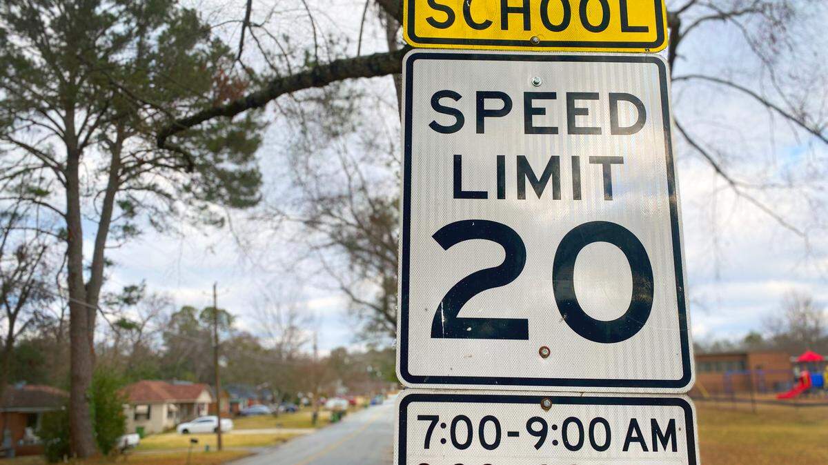 A school speed limit sign near an elementary school in Columbus, Georgia.