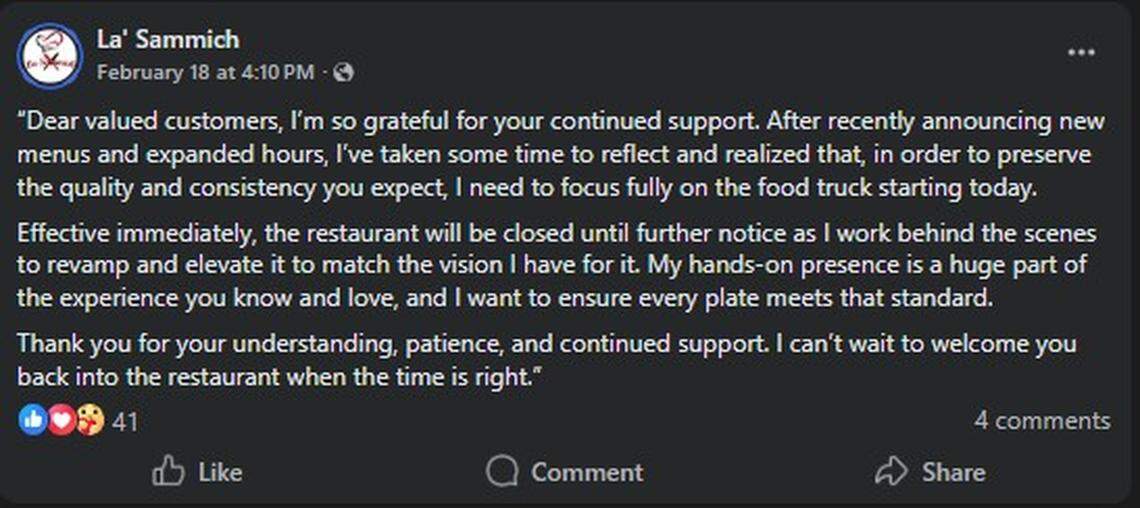 Anita “Chef Nita” Admore has temporarily closed her restaurant La’ Sammich, 4820 Armour Road in Columbus, to refocus her efforts on the La’ Sammich food truck. Here is her full statement, posted Feb. 18, 2026, on the restaurant’s Facebook.
