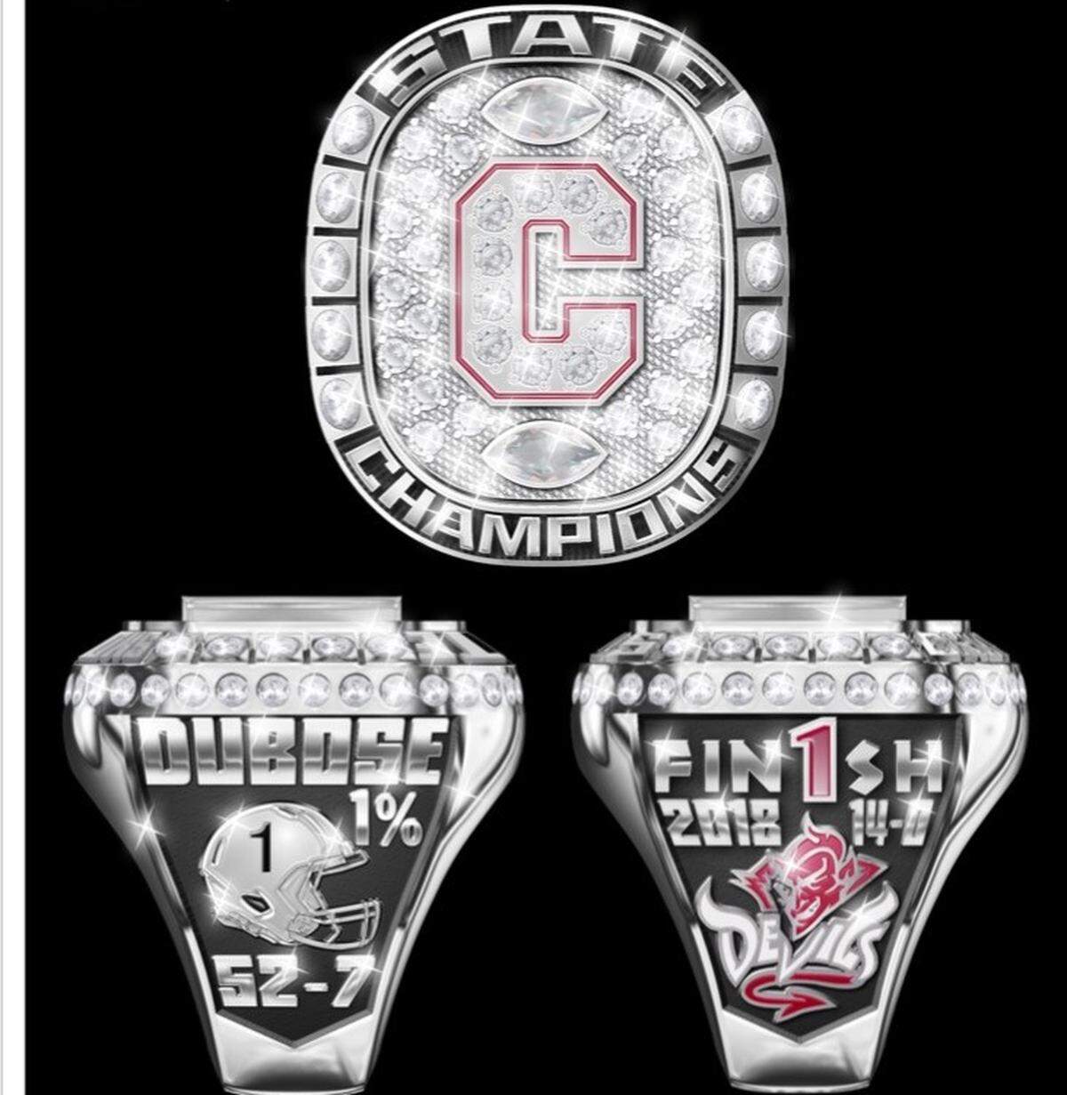 This is what the Central football state championship rings will look like. The “1%” on the side of the ring refers to one of the mottos from coach Jamey DuBose, who challenged his team to get better at least by 1 percent every day.